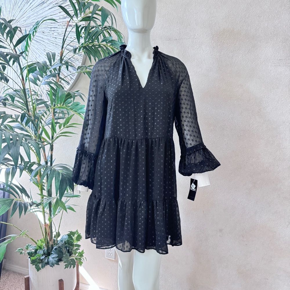 MSK Split Neck Black Chiffon Foil Clip Dot Mini Dress Sz M